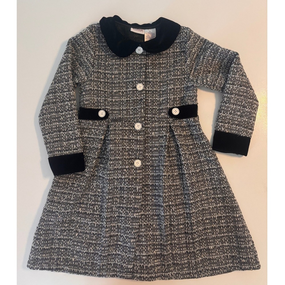 Blueberi Boulevard Girls Tweed Dress Coat Black White Gold Size 7/8 Faux Fur